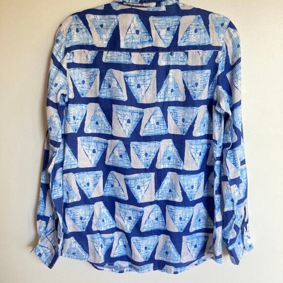 J McLaughlin Womens XS Blue 100% Linen Print Button Down Shirt Beachy Coastal - Picture 2 of 9